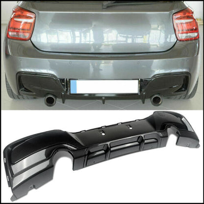 BMW 1 Series F20 F21 2011-2015 Pre-LCI Pre-Facelift M135i Style Rear Diffuser/Valance - Gloss Black Twin Exit Dual Outlet Exhaust Surround, OEM Style Lower Bumper Trim Rear Skirt Bumper Insert