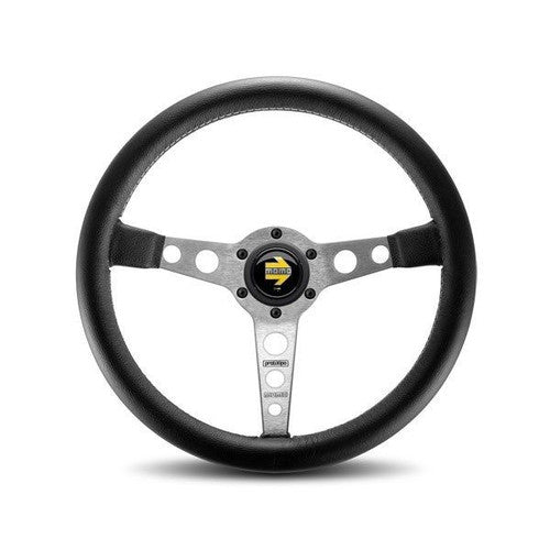 MOMO Prototipo Street 350mm 3-Spoke Steering Wheel – Black Leather, Silver Spokes | Retro Classic Racing/Rally/Drift Track Day Sports Wheel | Classic & Performance Car Upgrade | Fits Boss/Hub Adapter