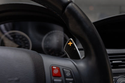 Storm Motorwerks Illuminated Extended Steering Wheel Paddle Shifters for BMW E90 E92 E93 M3 DCT (E9X) - CNC Billet Aluminium with Carbon Fibre Inlay - Self-Powered Glow - Black or Silver Anodised