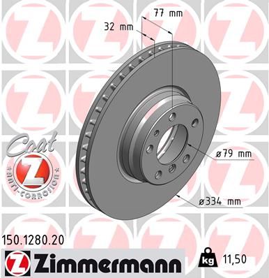 Zimmermann COAT Z 150.1280.20 High-Carbon Vented Brake Disc/Brake Rotor 334mm for BMW 7 Series E38 (1994-2001) - Anti-Corrosion Coated OE Replacement