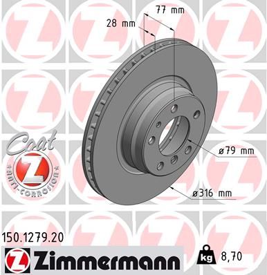 Zimmermann Coat-Z 150.1279.20 Front Brake Disc/Brake Rotor for BMW 7 Series E38 (1994-2001) – 316x28mm Vented, High-Carbon, Anti-Corrosion Coated – OE Replacement Performance Rotor 728i 730i 735i 740i 750i