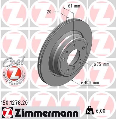 Zimmermann COAT Z 150.1278.20 Brake Disc/Rotor for BMW 5 Series Saloon & Touring, 300 x 20 mm (300x20), Vented, High-Carbon HC Cast Iron, Anti-Rust Coated, OE Replacement, Direct Fit Upgrade
