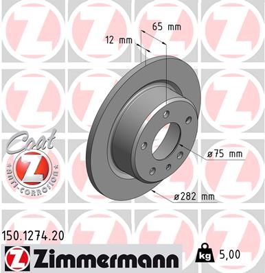 Zimmermann COAT Z 150.1274.20 (150 1274 20) Rear Brake Disc/Rotor for BMW 3 Series – 282mm Solid, Anti-Corrosion Hub-Coated, OEM/OE-Spec Replacement