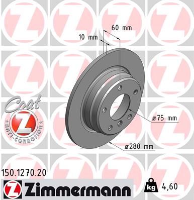Zimmermann COAT Z 150.1270.20 (150127020) Brake Disc/Rotor for BMW 3 Series 280mm 28cm – Solid Plain HC Cast Iron, Anti-Corrosion Coated, OE Spec Replacement – Rear/Front Fitments E46 E90 E91 E92 E93 Saloon Coupe Touring