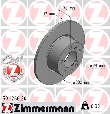 Zimmermann Coat Z 150.1266.20 302mm Brake Disc/Brake Rotor for BMW 5 Series, 302x12 Solid Non-Vented, High-Carbon, Anti-Rust Coated, OE-Spec Direct Fit Replacement