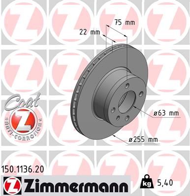 Zimmermann COAT Z Brake Disc/Brake Rotor 150.1136.20 (150113620) for BMW 3 Series E21 Saloon/Sedan - Vented, Anti-Rust Coated, OE Spec Replacement - 255mm x 22mm - Classic BMW E21 Brake Upgrade