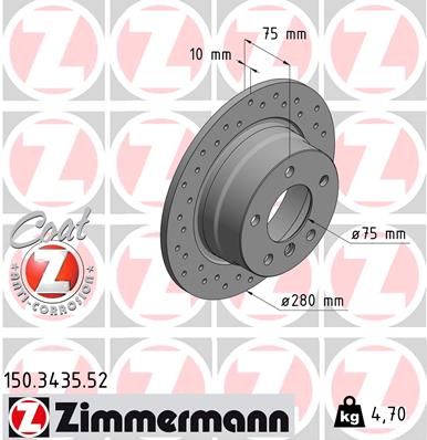 Zimmermann Rear Brake Disc/Brake Rotor 150.3435.52 for BMW Z4 Roadster E85 2002-2008 - 280x10mm, Cross Drilled, Solid Non-Vented, High Carbon, Anti-Corrosion Coated OE Replacement