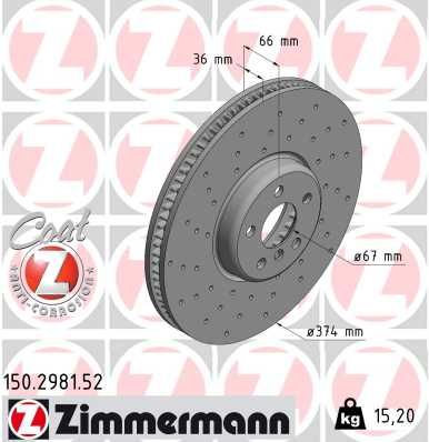 Zimmermann 150.2981.52 Front Brake Disc Rotor 374x36mm for BMW 3 Series – Cross-Drilled/Perforated, Vented, High-Carbon, Anti-Corrosion Coated OE Replacement Performance Upgrade