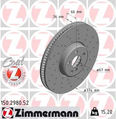 BMW 3 Series Front Brake Disc/Rotor 374mm x 36mm (374x36) – Otto Zimmermann Sport 150.2980.52, Cross-Drilled (Perforated) & Vented, Coated High-Carbon, Anti-Rust, OE/OEM Quality Performance Upgrade Replacement