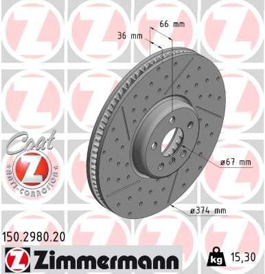 ZIMMERMANN 150.2980.20 Brake Disc 374mm x 36mm for BMW 3 Series  Dimpled & Slotted, Internally Vented, High-Carbon, Coated Performance Rotor