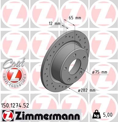 Zimmermann Sport Coat Z 150.1274.52 (150127452) Drilled Solid Performance Brake Disc Rotor 282mm x 12mm for BMW 3 Series - Perforated, Coated, Anti-Rust OE Replacement Cross-Drilled Disc