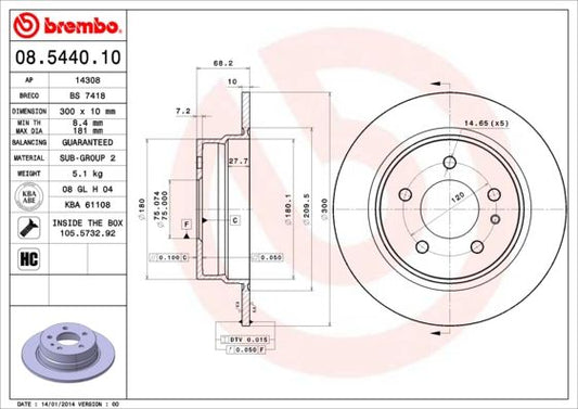 Brembo 08.5440.10 High-Carbon Solid (Non-Vented) Brake Disc / Rotor for BMW 7 Series E32 (1986-1994) | 300mm x 10mm, 5-Stud | OE-Spec Replacement with Fixing Bolts/Screws | Smooth, Low-Noise Braking