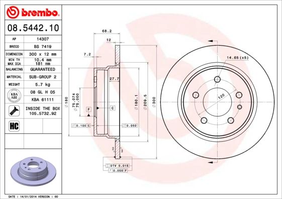 Brembo 08.5442.10 Genuine High Carbon Solid Brake Disc 300mm x 12mm for BMW 7 Series E32, 5-Bolt â€“ Includes Bolts/Screws â€“ OEM Replacement Rotor