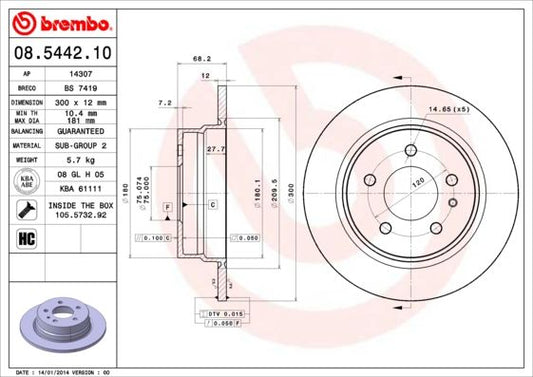 Brembo 08.5442.10 Genuine High Carbon Solid Brake Disc 300mm x 12mm for BMW 7 Series E32, 5-Bolt â€“ Includes Bolts/Screws â€“ OEM Replacement Rotor
