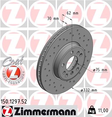 Zimmermann Coat Z Sport Front Brake Disc/Brake Rotor 150.1297.52 for BMW X5 E53 (1999-2006) – 332x30mm High Carbon, Drilled/Perforated, Vented/Ventilated, Anti-Corrosion Coated, OE Performance Upgrade
