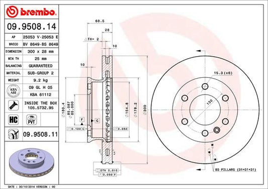 Brembo 09.6948.11 Anti-Corrosion High-Carbon Brake Disc/Brake Rotor for BMW 8 Series E31 (840i 850i 850Ci 850CSi) 1990-1999, 324x30 mm, Vented, 5-Stud 5x120, OE Quality, Fixing Bolts/Screws Included 09694811