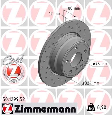 BMW X5 (E53) 1999-2006 Rear Brake Disc / Rotor 324mm – Zimmermann Coat Z Sport 150.1299.52, High-Carbon Drilled Perforated Solid, Anti-Corrosion Coated, Performance OE Replacement