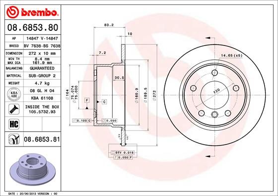 Brembo 08.6853.80 High-Carbon (HC) Solid Brake Disc / Brake Rotor for BMW Z3 E36/7 - 272x10mm, 5x120 5-Hole - OE Spec Plain Replacement with Fixing Screws/Bolts