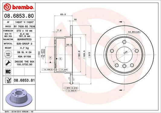 Brembo 08.6853.80 High-Carbon (HC) Solid Brake Disc / Brake Rotor for BMW Z3 E36/7 - 272x10mm, 5x120 5-Hole - OE Spec Plain Replacement with Fixing Screws/Bolts