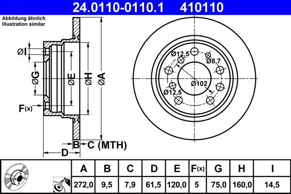 Genuine ATE Brake Disc (Rotor) 24.0110-0110.1, 272 mm x 9.5 mm, Solid Coated, OEM Replacement for BMW 5 Series E12 Saloon, 5-Stud