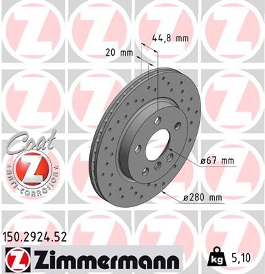 Zimmermann Sport Coat Z Drilled/Perforated, Vented High-Carbon Brake Disc Rotor 150.2924.52 for BMW i3 (I01) 2013-2022, 280mm (280x20) - Anti-Rust Coated OE Replacement Performance EV Brake