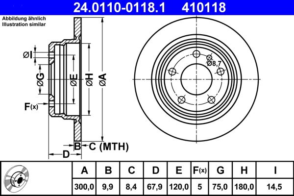 ATE 24.0110-0118.1 High-Carbon Solid Brake Disc Rotor 300mm x 9.9mm, 5-Bolt, for BMW 7 Series E32 (1986-1994) OE-Quality Replacement