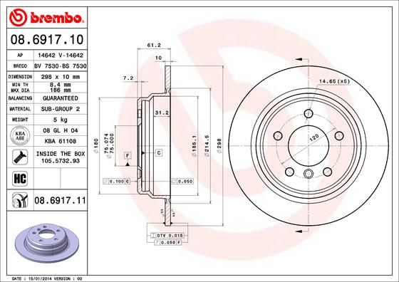 Brembo 08.6917.10 Rear Brake Disc/Brake Rotor 298mm x 10mm Solid High-Carbon - BMW 5 Series E39 Saloon/Sedan - OE-Spec Replacement Plain Disc, 5-Bolt - Includes Fixing Bolts/Screws - 08691710