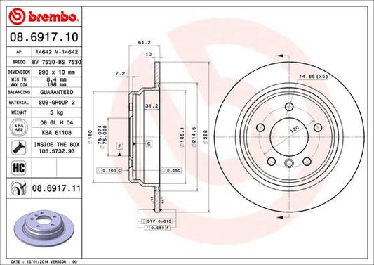 Brembo 08.6917.10 Rear Brake Disc/Brake Rotor 298mm x 10mm Solid High-Carbon - BMW 5 Series E39 Saloon/Sedan - OE-Spec Replacement Plain Disc, 5-Bolt - Includes Fixing Bolts/Screws - 08691710