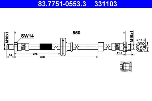ATE 83.7751-0553.3 Hydraulic Brake Hose for BMW X3 E83 (2003-2010) – Flexible Rubber Brake Line/Flexi Hose/Brake Pipe, 550mm, M10x1, OE Spec Replacement
