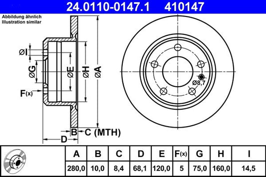 ATE 24.0110-0147.1 Coated Solid Brake Disc/Brake Rotor for BMW 7 Series (E23), 280mm x 10mm, 5-Bolt - OEM-Quality Direct-Fit Replacement