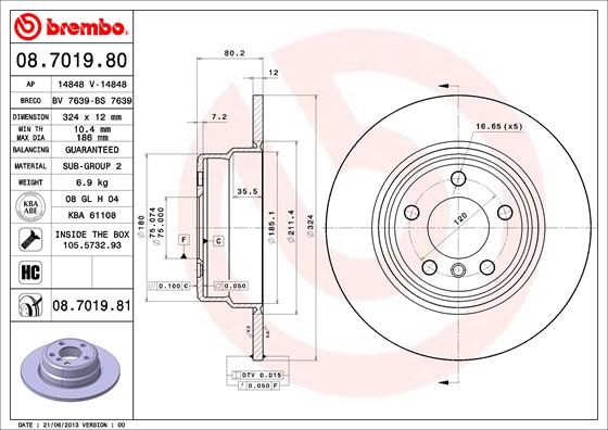 Brembo 08.7019.80 Rear Axle Brake Disc/Brake Rotor 324x12mm Solid High Carbon for BMW X5 (E53) 1999-2006 - Non-Vented, 5-Stud 5x120, OE Replacement - Fixing Bolts/Screws Included