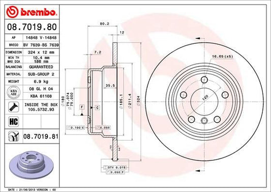 Brembo 08.7019.80 Rear Axle Brake Disc/Brake Rotor 324x12mm Solid High Carbon for BMW X5 (E53) 1999-2006 - Non-Vented, 5-Stud 5x120, OE Replacement - Fixing Bolts/Screws Included