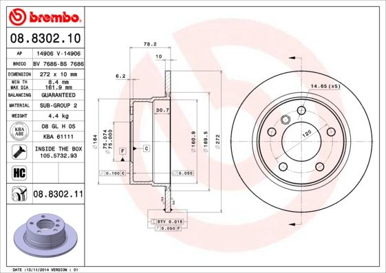 Brembo 08.8302.10 Rear Brake Disc/Brake Rotor for BMW 3 Series Compact E36 – 272mm Solid Plain, 10mm, 5-Hole/5-Stud – OE Replacement, Includes Fixing Screws/Bolts