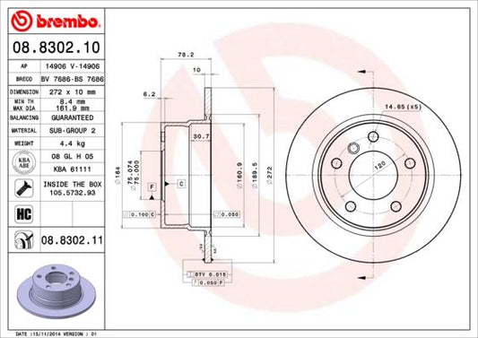 Brembo 08.8302.10 Rear Brake Disc/Brake Rotor for BMW 3 Series Compact E36 – 272mm Solid Plain, 10mm, 5-Hole/5-Stud – OE Replacement, Includes Fixing Screws/Bolts