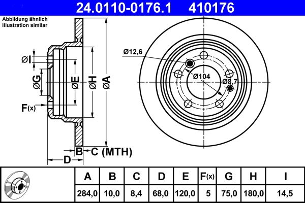 ATE 24.0110-0176.1 Brake Disc/Rotor for BMW 7 Series E23 (1977â€“1987) â€“ Solid 284mm x 10mm, 5-Hole | OEM-Quality Replacement