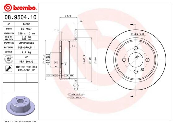 Brembo 08.9504.10 (08950410) Brake Disc/Brake Rotor for BMW 3 Series - Solid 258 x 10 mm, 4-Stud/4-Hole - OE Quality Replacement with Fixing Screws & Bolts - Direct Fit Front/Rear (Model Dependent)