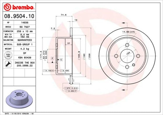 Brembo 08.9504.10 (08950410) Brake Disc/Brake Rotor for BMW 3 Series - Solid 258 x 10 mm, 4-Stud/4-Hole - OE Quality Replacement with Fixing Screws & Bolts - Direct Fit Front/Rear (Model Dependent)