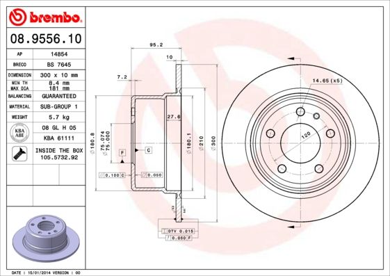 Brembo 08.9556.10 Brake Disc Rotor 300mm 300x10 Solid Plain for BMW 5 Series 5-Stud 5-Hole - OE/OEM Spec Genuine Replacement with Fixing Bolts Screws 08955610