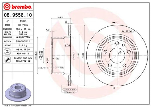 Brembo 08.9556.10 Brake Disc Rotor 300mm 300x10 Solid Plain for BMW 5 Series 5-Stud 5-Hole - OE/OEM Spec Genuine Replacement with Fixing Bolts Screws 08955610