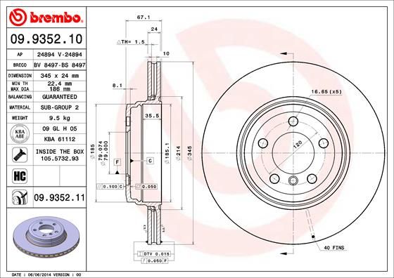 Brembo Coated Disc Line Brake Disc 09.9352.11 for BMW 7 Series E65 E66 E67, 345x24mm, Internally Vented, High-Carbon, Bolts/Screws Included