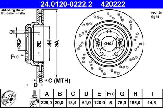 ATE 24.0120-0222.2 Brake Disc/Rotor, Cross-Drilled (Perforated) & Vented, Two-Piece High Carbon (HC) Coated Sport Upgrade, 328mm x 20mm, 5-Stud 5-Hole, OE Quality Direct Fit, Includes Bolts/Screws