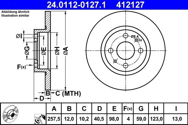 ATE 24.0112-0127.1 Brake Disc / Rotor - Solid Non-Vented, Anti-Rust Coated OE/OEM Spec | 257.5mm x 12mm | 4-Stud 4-Bolt 4-Hole Pattern | Plain Replacement Brake Disc | ATE 24 0112 0127 1, 24011201271