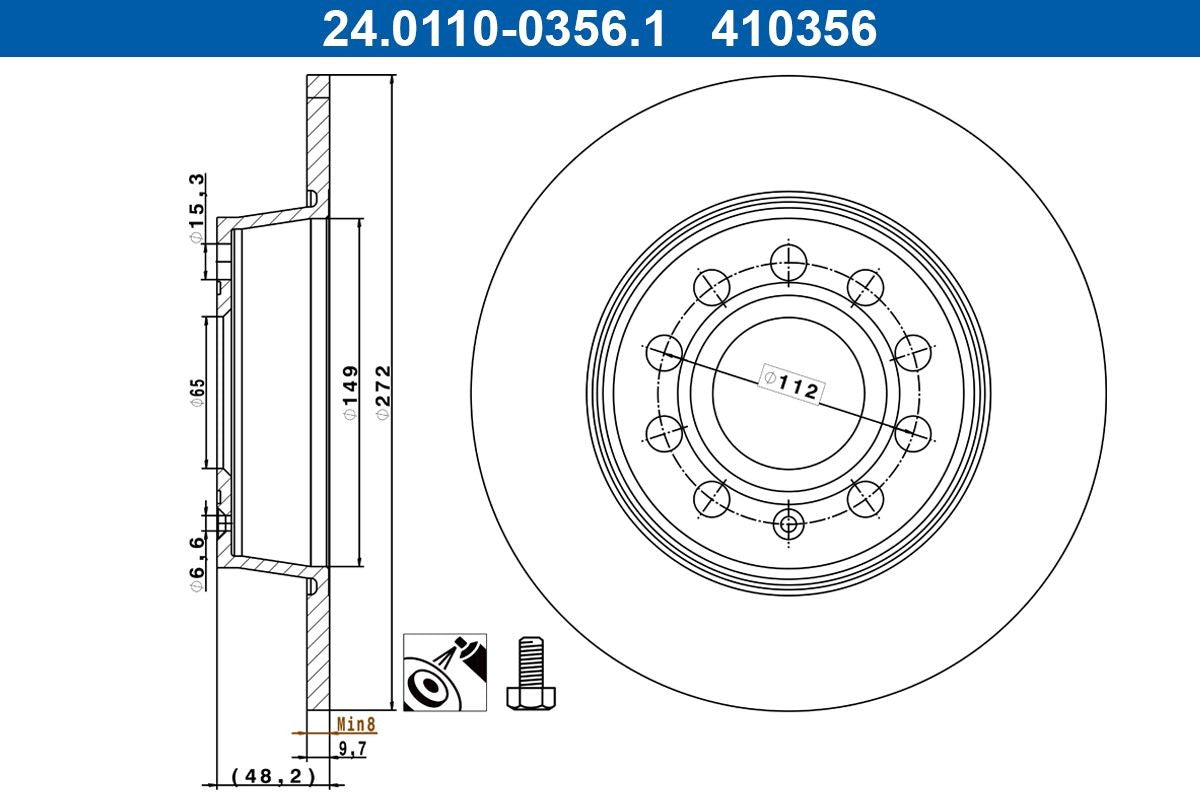 ATE 24.0110-0356.1 Brake Disc / Brake Rotor, Solid Plain Non-Vented, Coated Anti-Rust/Anti-Corrosion, 272mm x 9.7mm, 9-Hole, Includes Fixing Bolts & Screws, OE Quality Direct Fit