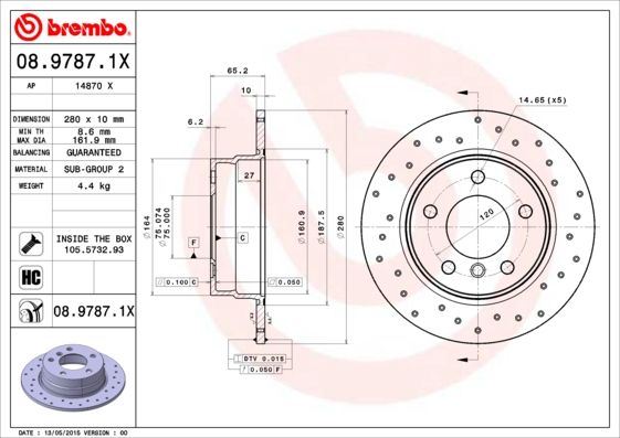 Brembo Xtra 08.9787.1X Cross-Drilled High-Carbon Brake Disc/Rotor for BMW 1 Series, 280mm Solid, 5-Stud, UV Anti-Corrosion Coated, Performance OE Replacement, Fixing Bolts & Screws Included