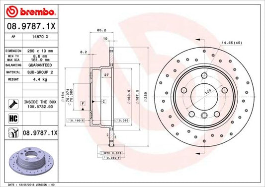 Brembo Xtra 08.9787.1X Cross-Drilled High-Carbon Brake Disc/Rotor for BMW 1 Series, 280mm Solid, 5-Stud, UV Anti-Corrosion Coated, Performance OE Replacement, Fixing Bolts & Screws Included
