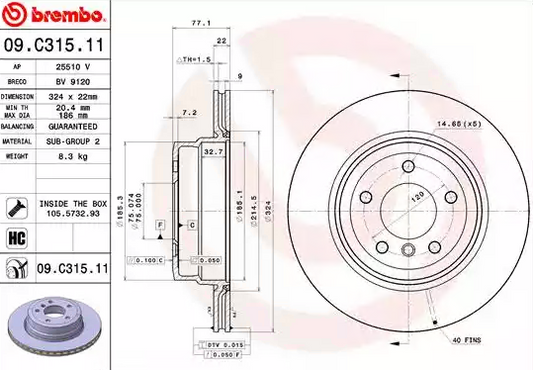 Brembo 09.C315.11 (09 C315 11) Coated Disc Line Brake Disc/Brake Rotor for BMW 1 Series 324mm - Vented, High-Carbon, Anti-Rust Coated, OE-Spec Direct Fit Replacement/Upgrade, Includes Fixing Bolts/Screws