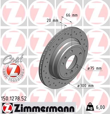 Zimmermann Z-Coat Sport Brake Disc/Brake Rotor 150.1278.52 for BMW 5 Series 300mm (300x20) - Drilled & Vented, High-Carbon, Anti-Rust Coat Z, Performance Upgrade, Cross Drilled Perforated, Rust Resistant Replacement