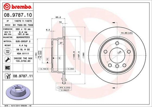 Brembo 08.9787.10 High Carbon (HC) Solid Brake Disc Rotor 280x10mm for BMW 1 Series Front/Rear – OEM OE Spec Direct Replacement, Non-Vented Cast Iron, 5-Stud 5-Hole – Fixing Bolts & Screws Included