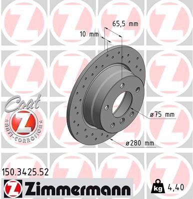Zimmermann Sport Coat Z Rear Brake Disc Rotor 150.3425.52 for BMW 1 Series - 280mm Solid Cross Drilled Perforated High Carbon Coated, Rust Resistant OE Quality Performance Replacement (E81 E82 E87 E88) 280x10