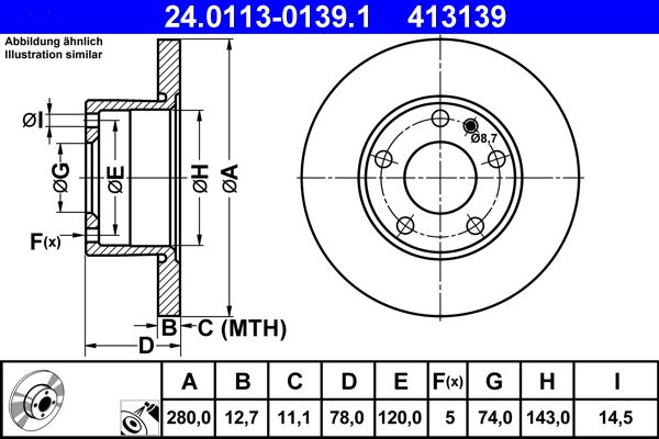 ATE 24.0113-0139.1 Coated Brake Disc / Rotor for BMW 5 Series E12 Saloon (Sedan) 1972-1981, 280mm x 12.7mm, Solid, 5-Stud (5-Hole), Anti-Corrosion OE Quality Replacement